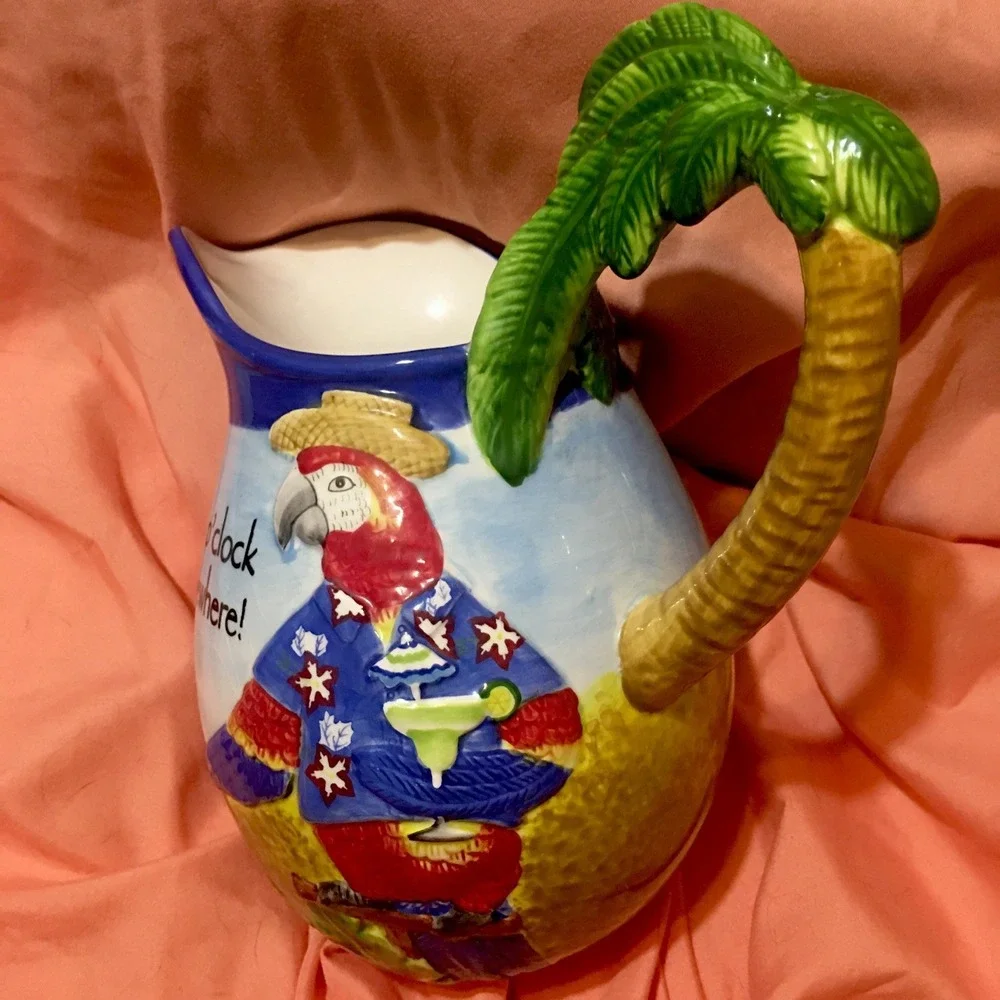 Its 5 O'clock Somewhere Tropical Parrot Palm Tree Ceramic Margarita Pitcher Read